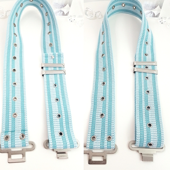 Unisex Web Belt💙 Blue Stripped Nylon Grommets Canvas | Metal Buckle - Picture 4 of 8